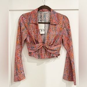 Zara Printed Long Sleeve Crop Top NWT